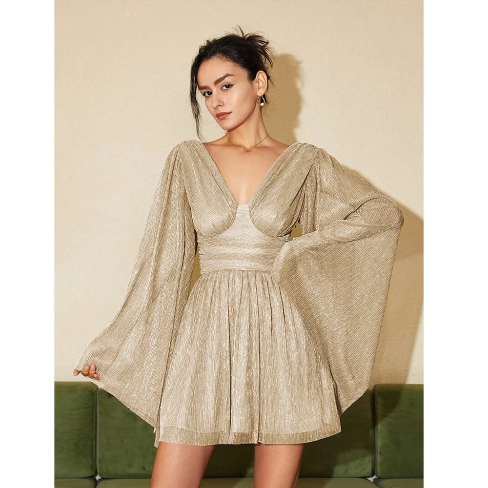 Champagne Beige Mini Dress Flared Bell Long Sleeve Fitted Waist - Picture 4 of 12